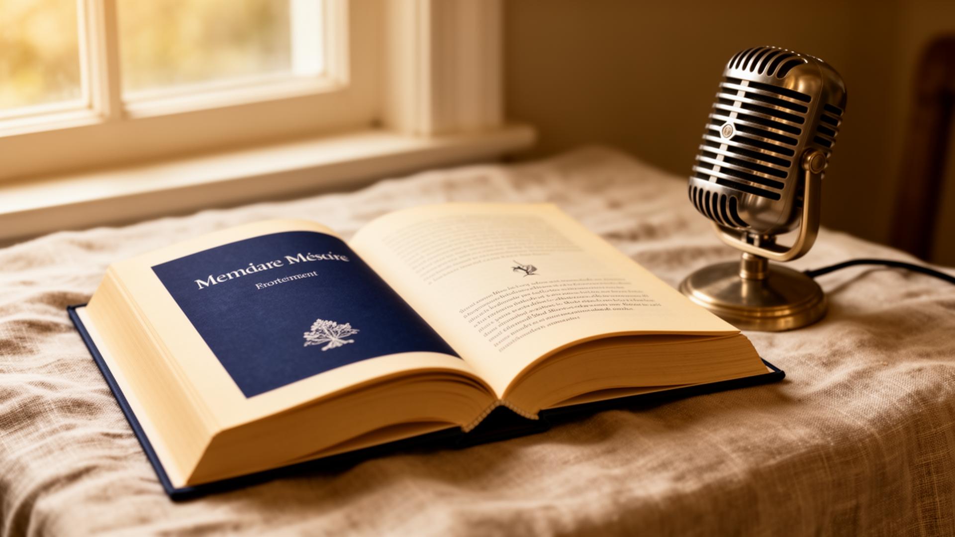 An open hardcover memoir beside a vintage microphone